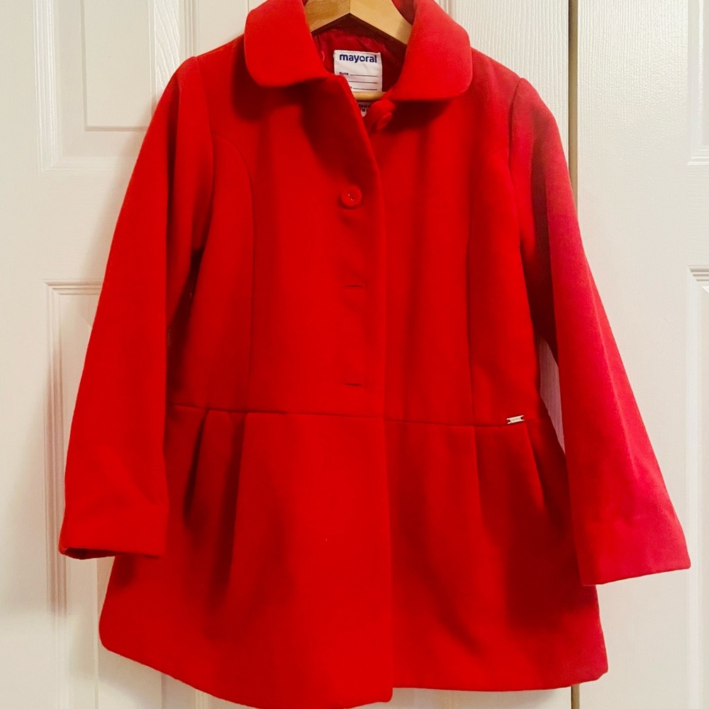 Mayoral Red Pea Coat with Plush Collar